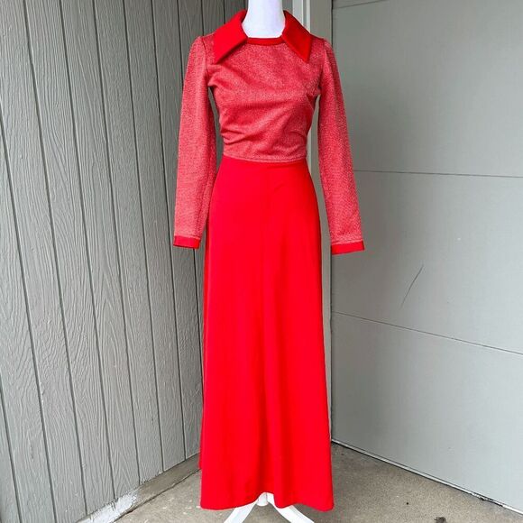 Vintage 1970s Red Glitter Knit Maxi Dress Dramatic Collar Disco XS/S - Picture 1 of 9